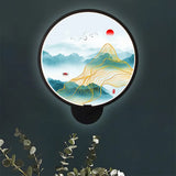 Chinese Metal Led Wall Lamp With Circular Natural View - Black Mural Light For Bedroom / B