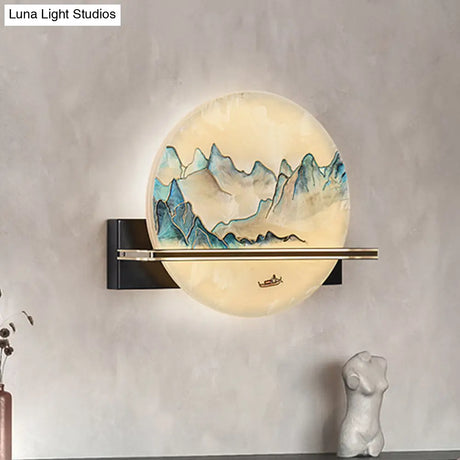 Chinese Metal Led Wall Sconce With Blue And White Hill Painting Mural For Bedside