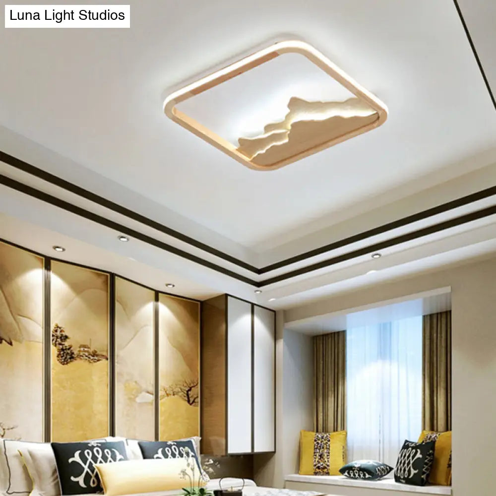 Chinese Mountain Wood Rectangle Flush Ceiling Led Light Fixture For Bedroom / 17 Remote Control
