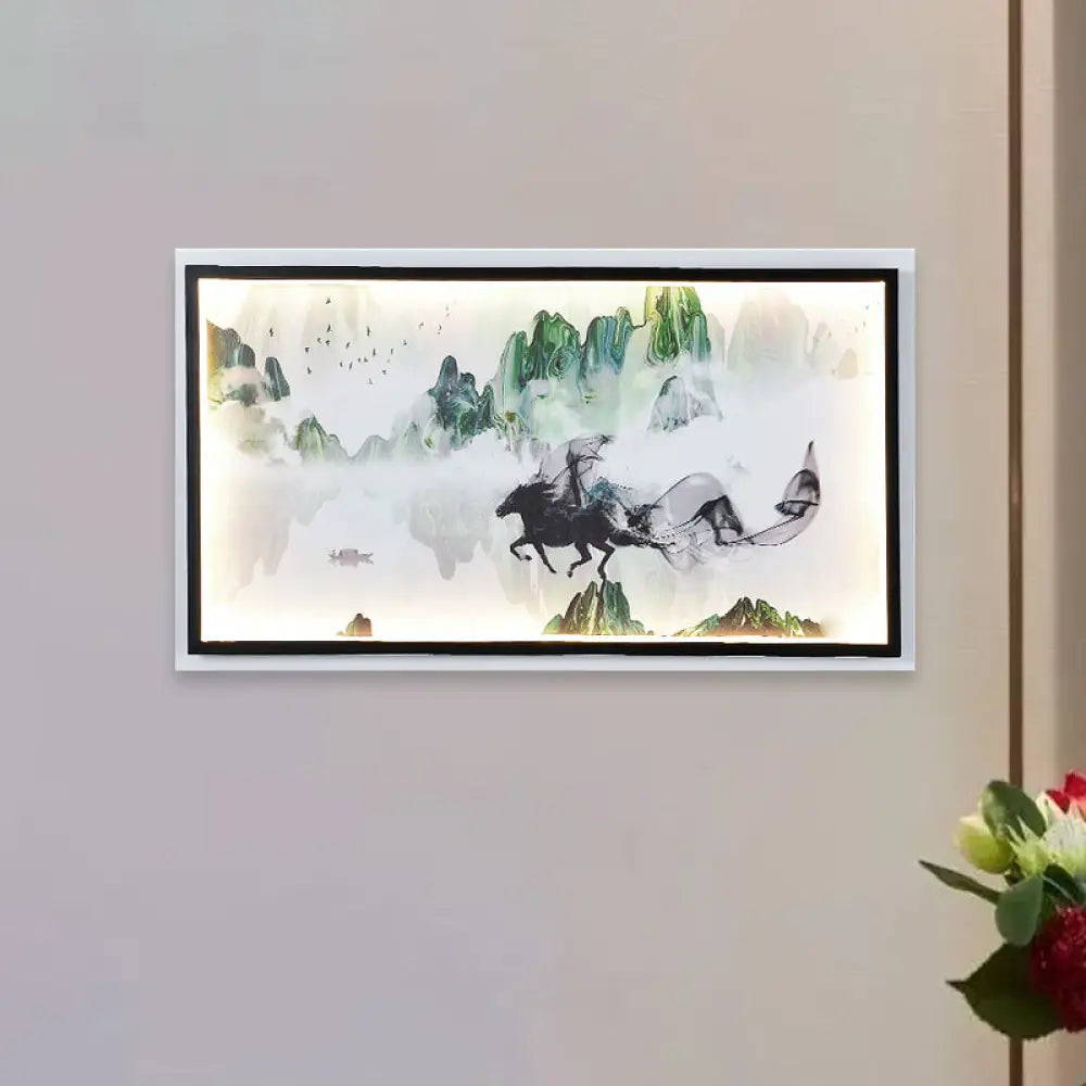 Chinese Steed And Landscape Mural Led Wall Lamp In Black - Fabric Parlor Lighting