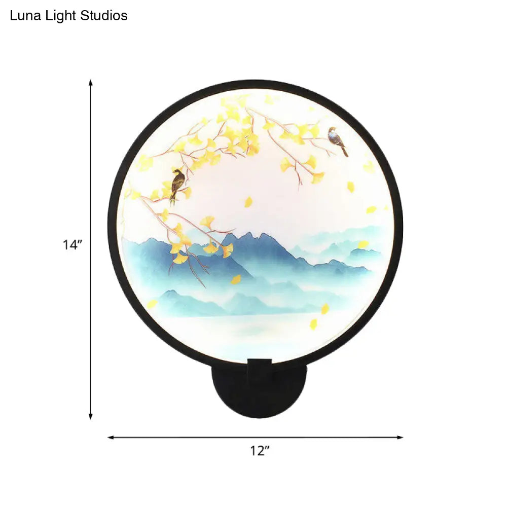 Chinese Style Acrylic Led Wall Sconce In Black Ginkgo/Blooming Plum Mural Light Fixture For Bedrooms