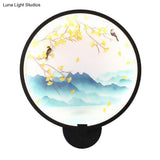 Chinese Style Acrylic Led Wall Sconce In Black Ginkgo/Blooming Plum Mural Light Fixture For Bedrooms