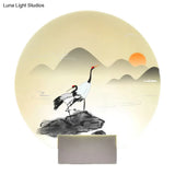 Chinese Style Acrylic Mural Light Led Wall Mounted Lamp White With Mountain And Crane Design
