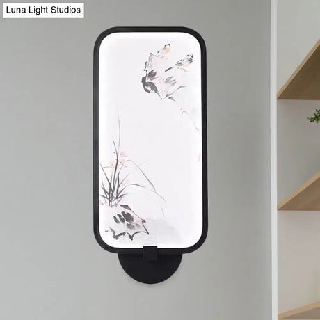 Chinese Style Acrylic Wall Mural Led Lamp: Rectangle Black Wall-Mounted With Bird Pattern