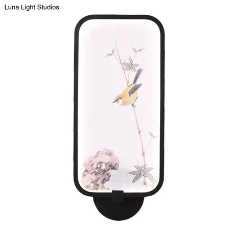 Chinese Style Acrylic Wall Mural Led Lamp: Rectangle Black Wall-Mounted With Bird Pattern