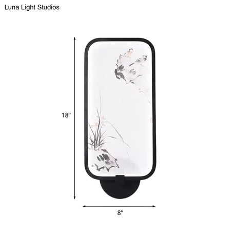 Chinese Style Acrylic Wall Mural Led Lamp: Rectangle Black Wall-Mounted With Bird Pattern