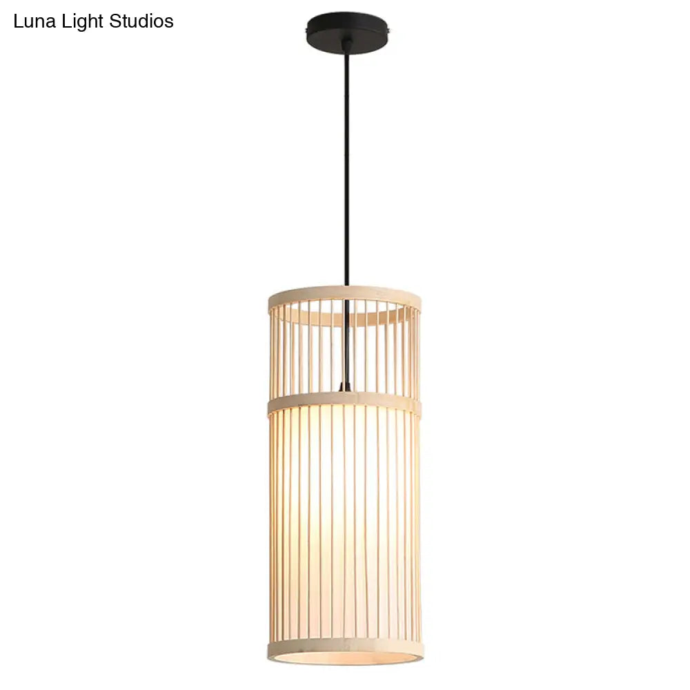 Chinese Style Bamboo Weaving Pendant Light - Wood Cage Hanging Lighting Fixture For Restaurants