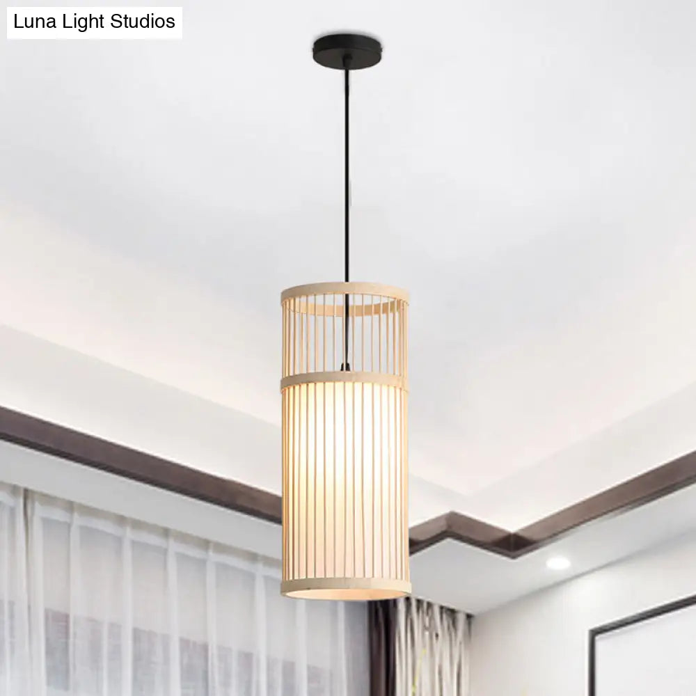 Chinese Style Bamboo Weaving Pendant Light - Wood Cage Hanging Lighting Fixture For Restaurants