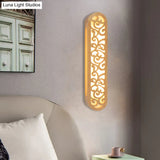 Chinese Style Beige Led Flush Wall Sconce With Carved Wood Shade