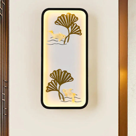 Chinese Style Black Ginkgo Led Wall Lamp With Metal Shade - Bedroom Mounted Lighting