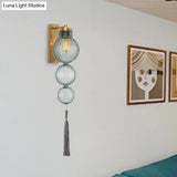 Chinese Style Brass/Chrome Sphere Sconce Light - Clear/Amber/Light Blue Glass Wall Mount Lamp With