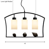 Chinese Style Cylinder Island Light Fixture - 3-Bulb White Glass Ceiling Lamp With Bird Decor In