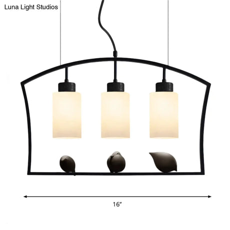 Chinese Style Cylinder Island Light Fixture - 3-Bulb White Glass Ceiling Lamp With Bird Decor In