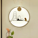 Chinese Style Fabric Gold Led Sconce Light - Mountain And Monk Mural Wall Lamp