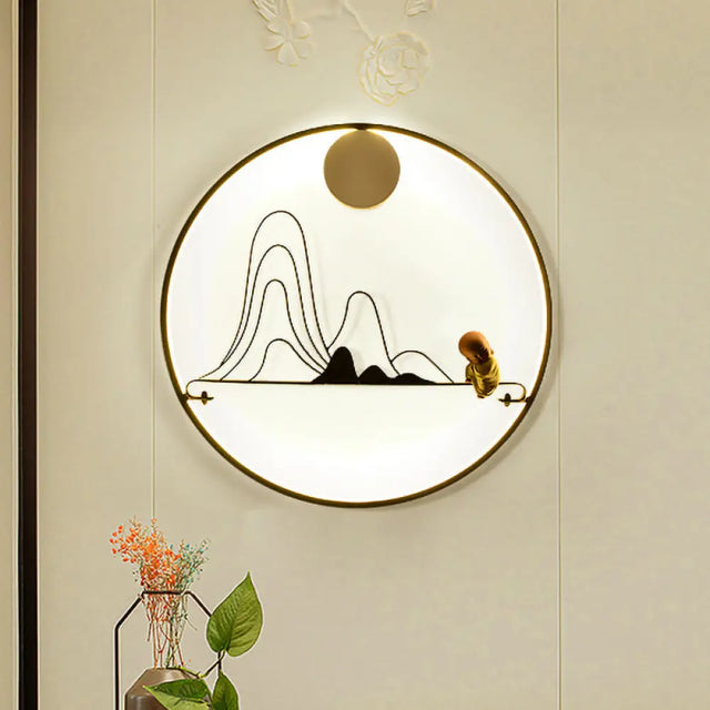 Chinese Style Fabric Gold Led Sconce Light - Mountain And Monk Mural Wall Lamp