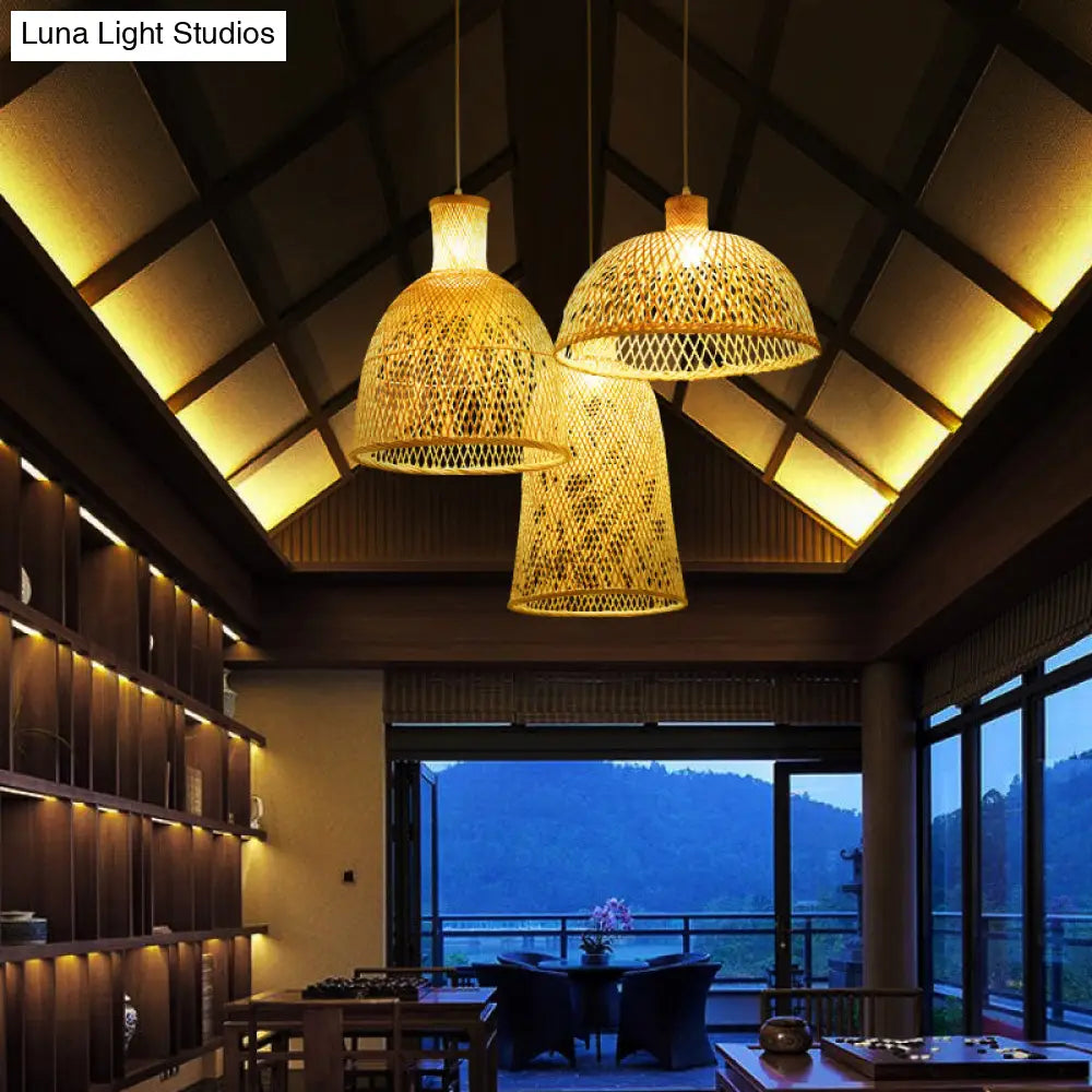 Chinese Style Handmade Bamboo Ceiling Light - Single Pendant For Restaurant Wood Finish