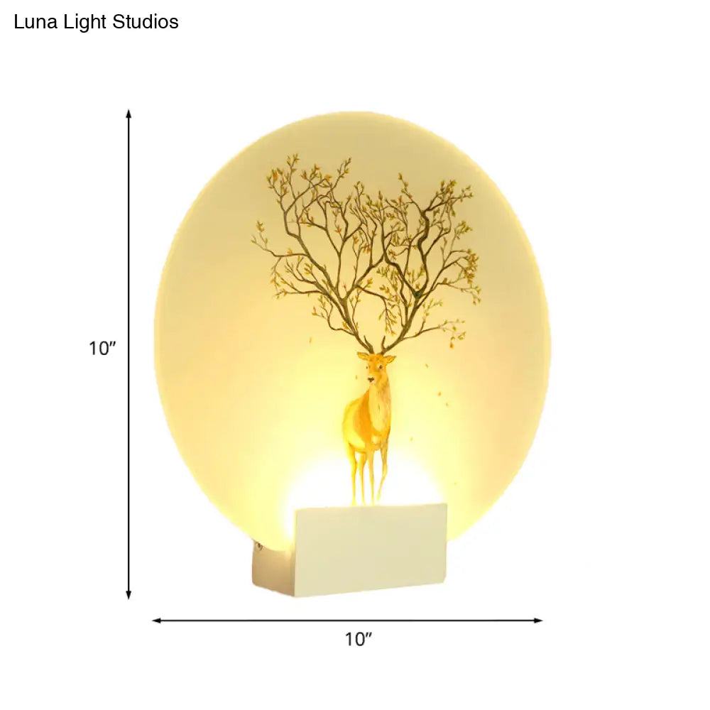 Chinese Style Led Acrylic Elk Wall Lamp: Circular Living Room Mural Light In White