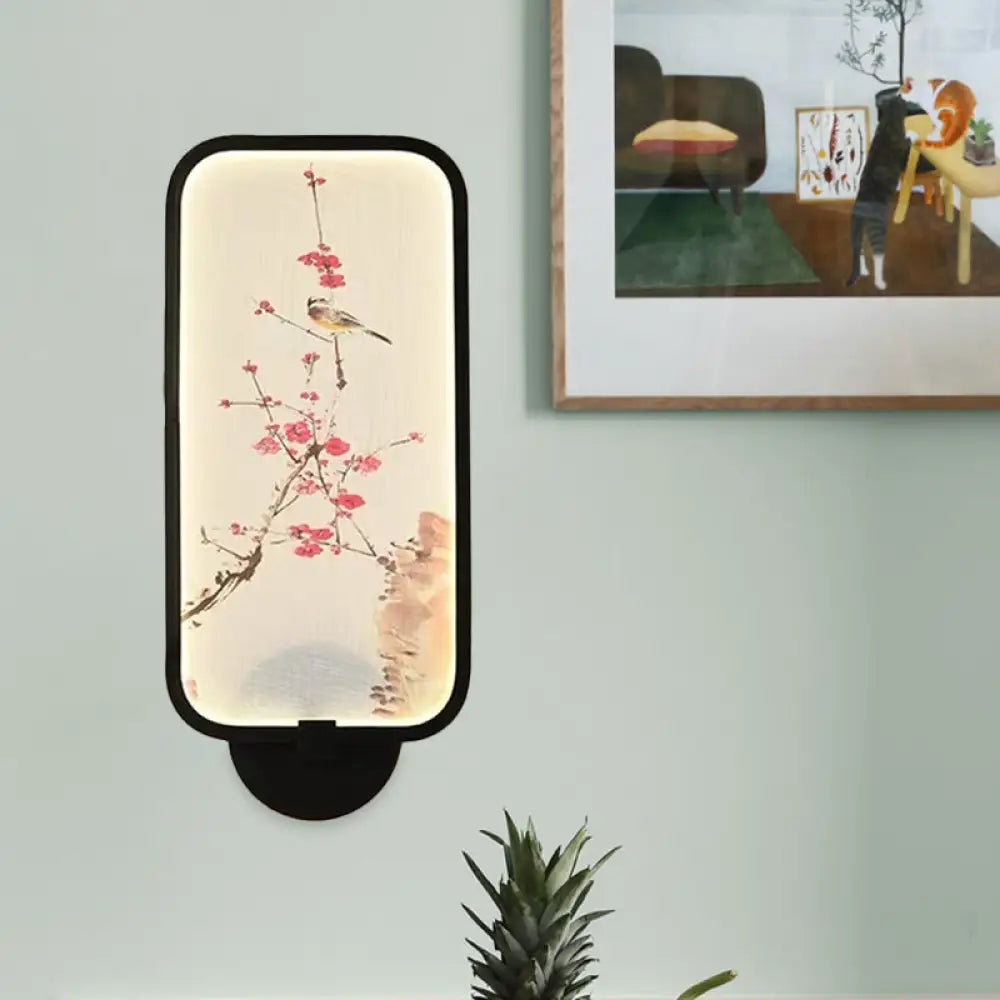 Chinese Style Led Acrylic Plum And Bird Mural Rectangle Wall Light Black