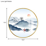 Chinese Style Led Fabric Round Wall Lighting Fixture With Mountain Mural In Gold