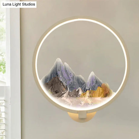 Chinese Style Led Hallway Wall Mural Lamp With Metal Shade - Black/White Mountain Patterned Lighting