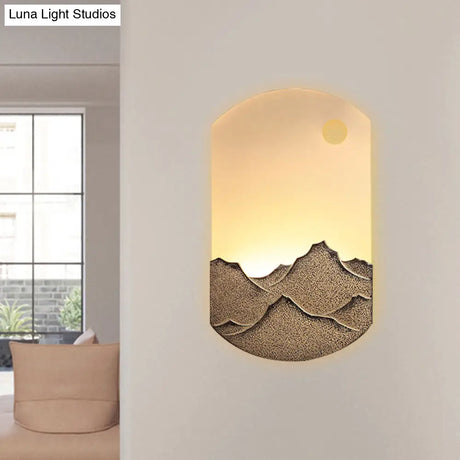 Chinese Style Led Oval Wall Mural Light - Silver/Brown Acrylic Mount With Mountain Pattern For