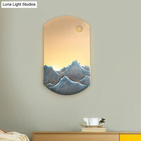 Chinese Style Led Oval Wall Mural Light - Silver/Brown Acrylic Mount With Mountain Pattern For
