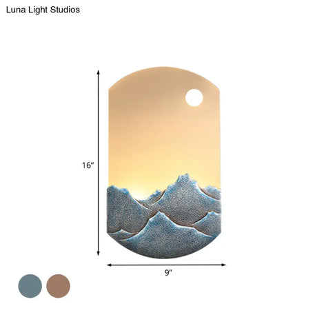 Chinese Style Led Oval Wall Mural Light - Silver/Brown Acrylic Mount With Mountain Pattern For