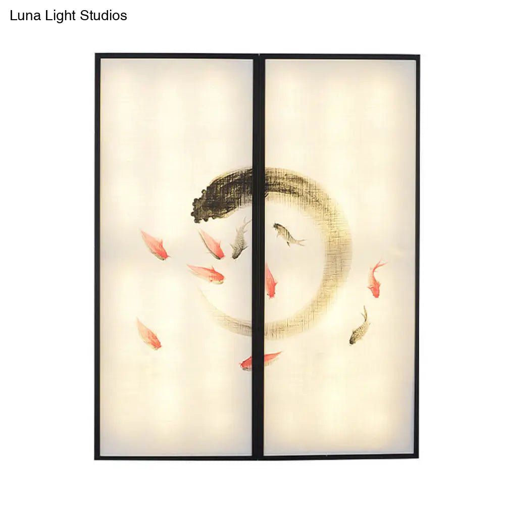 Chinese Style Led Sconce Light Fixture: Carp Artwork Bedside Mural Lighting In Black