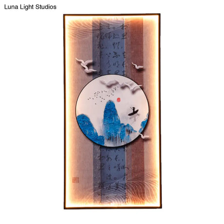 Chinese Style Led Wall Lamp - Fabric Script/Landscapes Mural Lighting Black