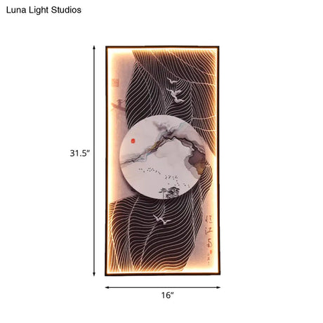 Chinese Style Led Wall Lamp - Fabric Script/Landscapes Mural Lighting Black