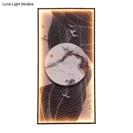 Chinese Style Led Wall Lamp - Fabric Script/Landscapes Mural Lighting Black
