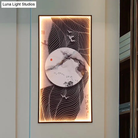 Chinese Style Led Wall Lamp - Fabric Script/Landscapes Mural Lighting Black