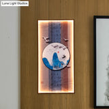 Chinese Style Led Wall Lamp - Fabric Script/Landscapes Mural Lighting Black