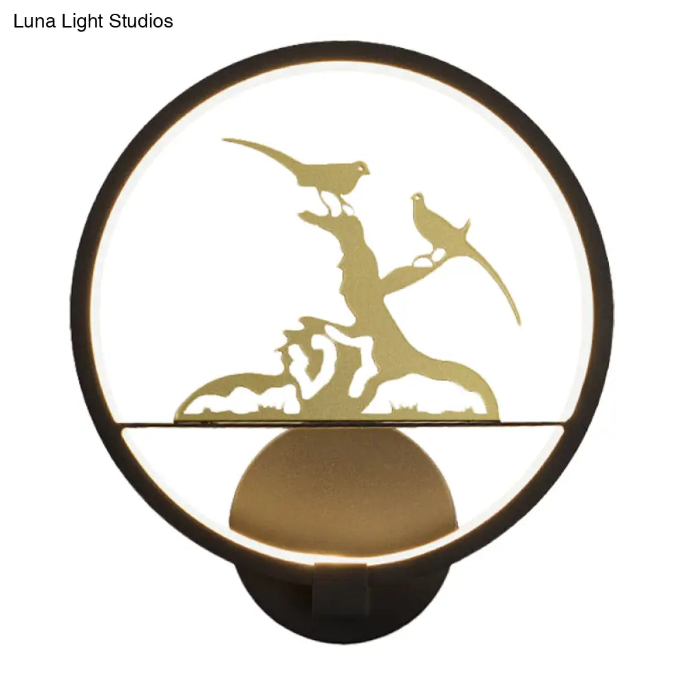 Chinese Style Led Wall Lamp With Bird Pattern And Metallic Finish For Bedroom