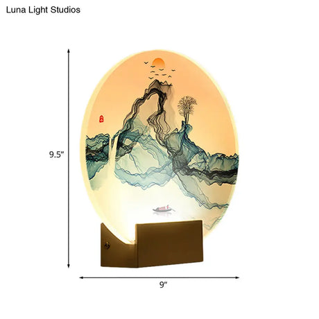 Chinese Style Led Wall Light With Mountain & Sun Design In Blue Acrylic