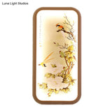 Chinese Style Led Yellow Wall Mount Light With Fabric Rectangle Leaf And Bird Mural