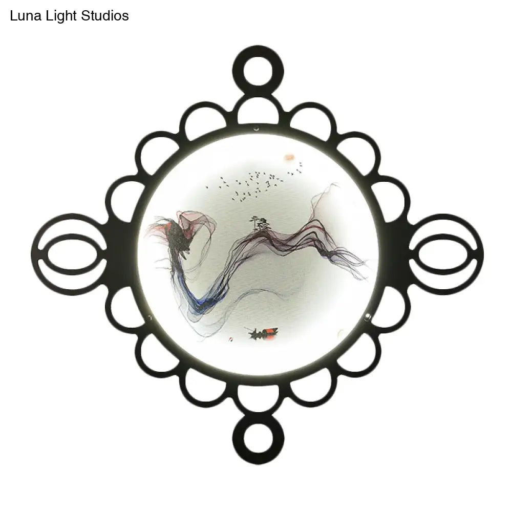 Chinese Style Mountain Landscape Metal Mural Lamp: Black Led Wall Mount Lighting With Edge Circles