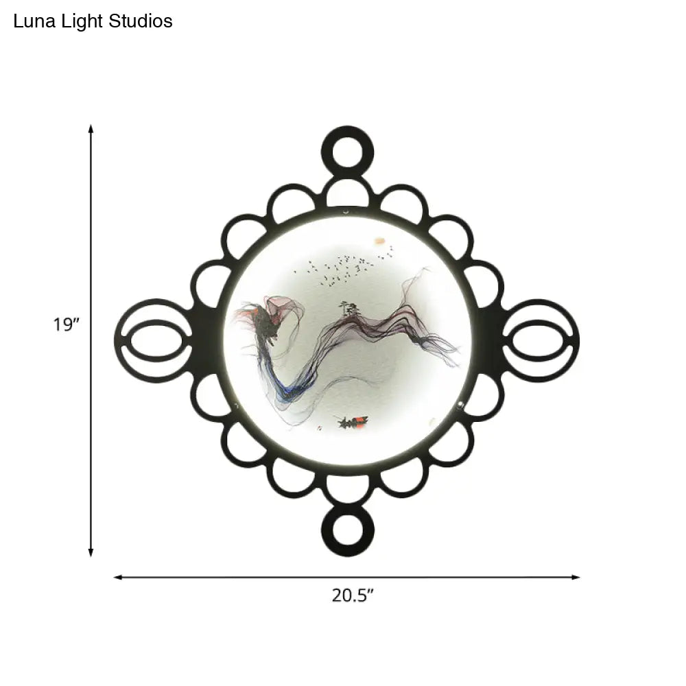 Chinese Style Mountain Landscape Metal Mural Lamp: Black Led Wall Mount Lighting With Edge Circles