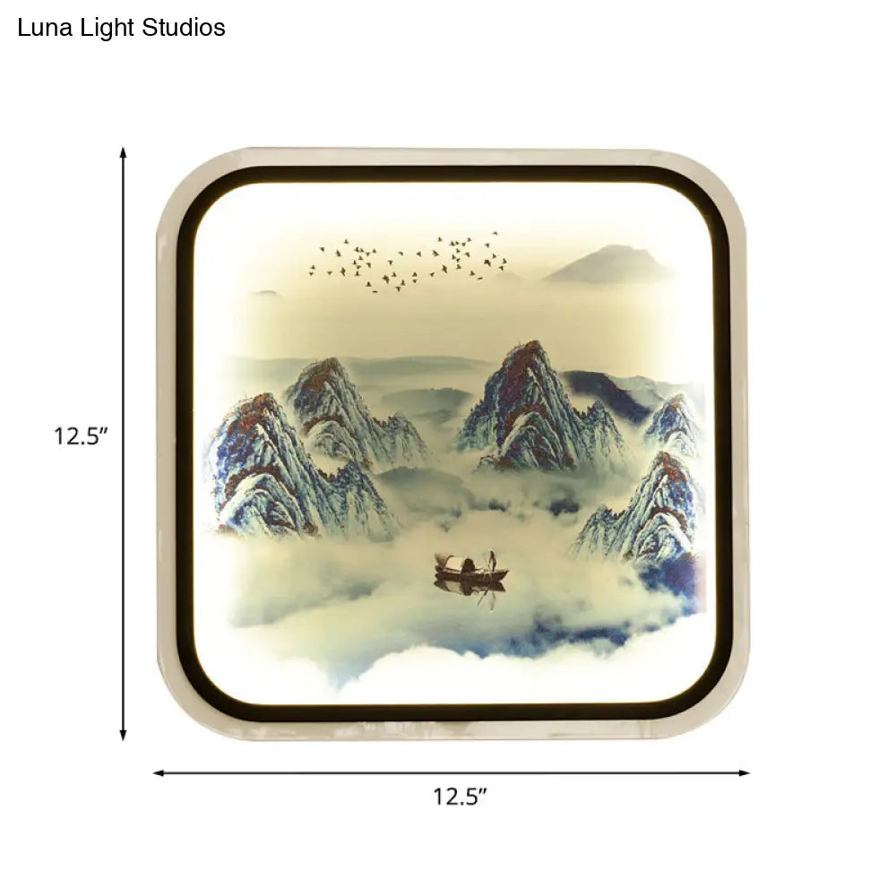 Chinese Style Mountain Patterned Square Mural Lamp With Led Flush Mount For Living Room In Grey/Blue