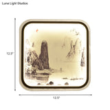 Chinese Style Mountain Patterned Square Mural Lamp With Led Flush Mount For Living Room In Grey/Blue