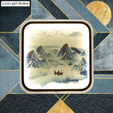 Chinese Style Mountain Patterned Square Mural Lamp With Led Flush Mount For Living Room In Grey/Blue