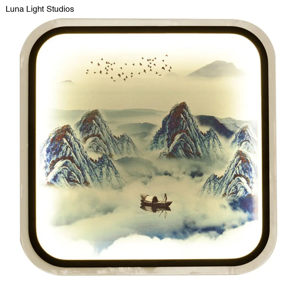 Chinese Style Mountain Patterned Square Mural Lamp With Led Flush Mount For Living Room In Grey/Blue