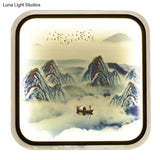 Chinese Style Mountain Patterned Square Mural Lamp With Led Flush Mount For Living Room In Grey/Blue
