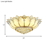 Chinese Style Prismatic Glass Lotus Flush Mount Ceiling Light With Crystal Finial - 5 Lights White