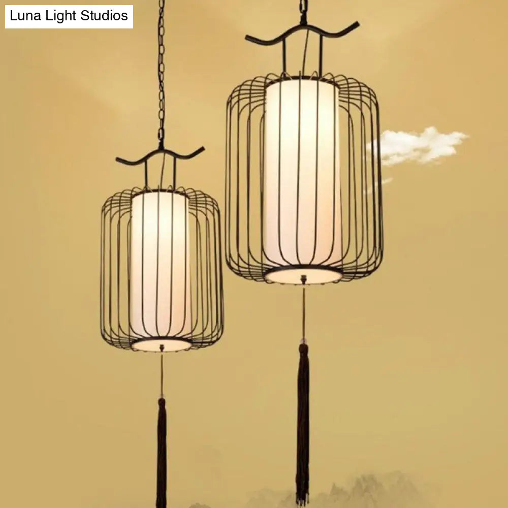Chinese Style Retro 1-Light Pendant Lighting | Vertical Cage Shade Restaurant Hanging Lamp