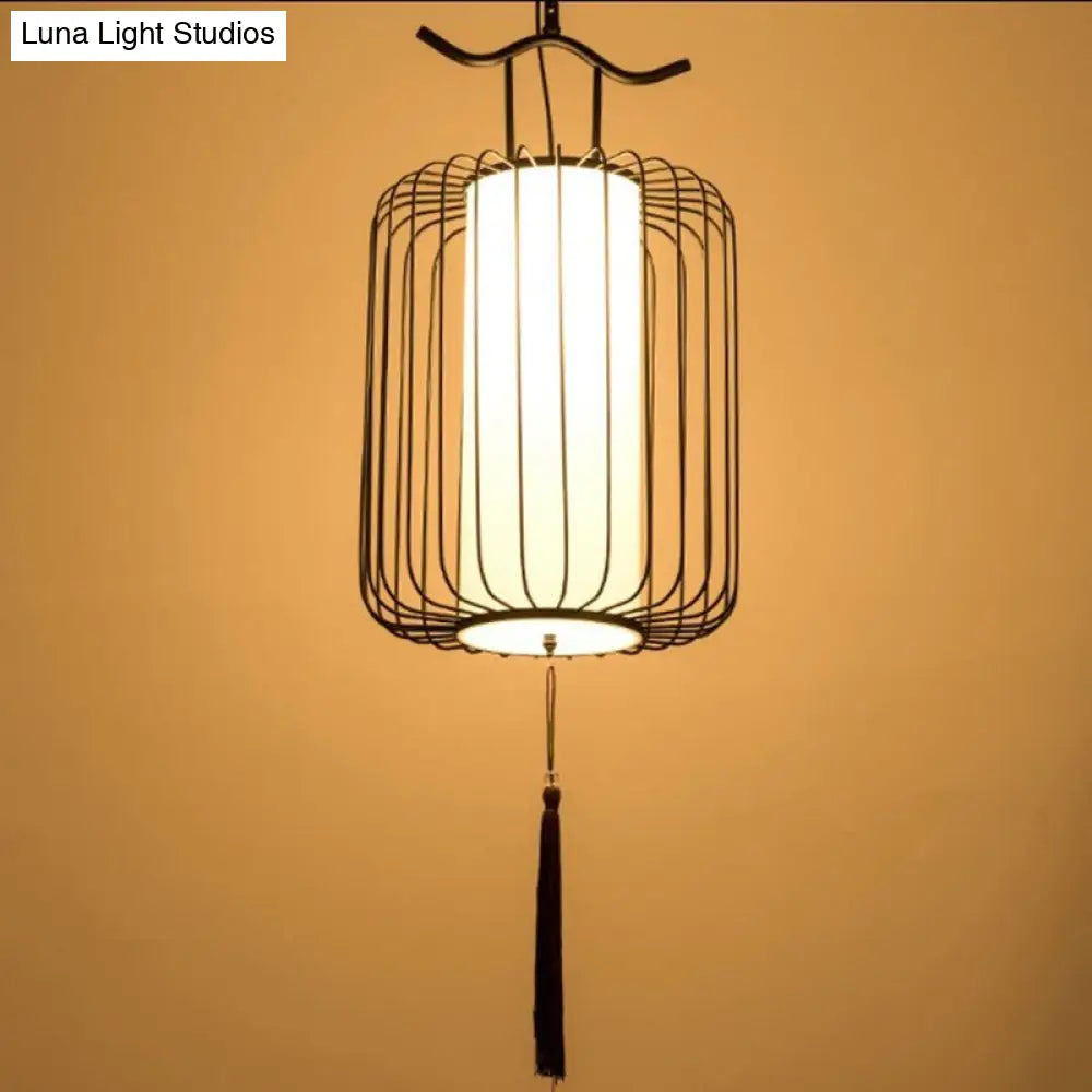 Chinese Style Retro 1-Light Pendant Lighting | Vertical Cage Shade Restaurant Hanging Lamp