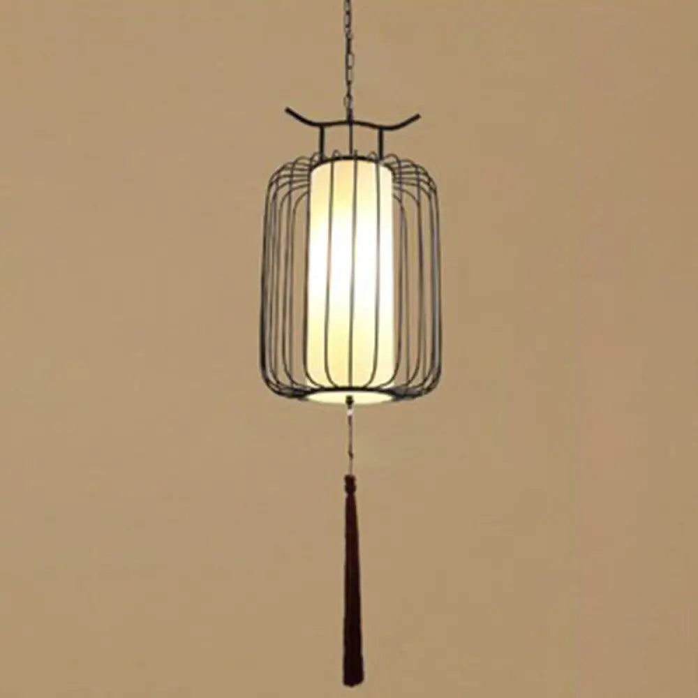 Chinese Style Retro 1-Light Pendant Lighting | Vertical Cage Shade Restaurant Hanging Lamp Black /