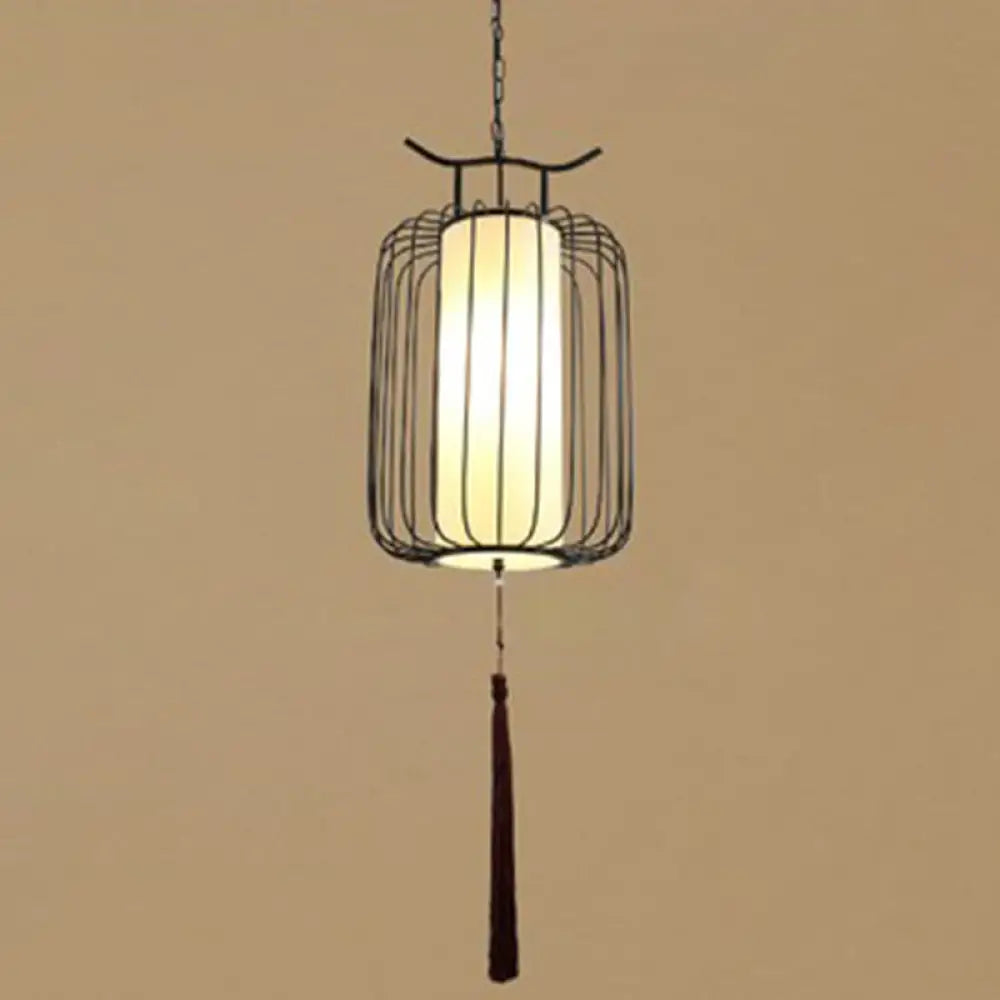 Chinese Style Retro 1-Light Pendant Lighting | Vertical Cage Shade Restaurant Hanging Lamp Black /