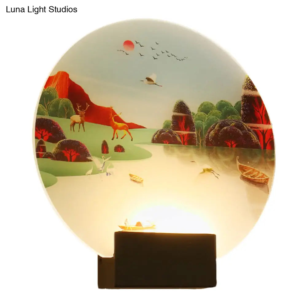 Chinese Style Wall Lamp With Led Acrylic Mural Featuring Black Elk And Lake