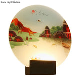 Chinese Style Wall Lamp With Led Acrylic Mural Featuring Black Elk And Lake